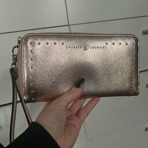 Chinese Laundry Metallic Rose Gold Zip Wristlet Wallet with Studs